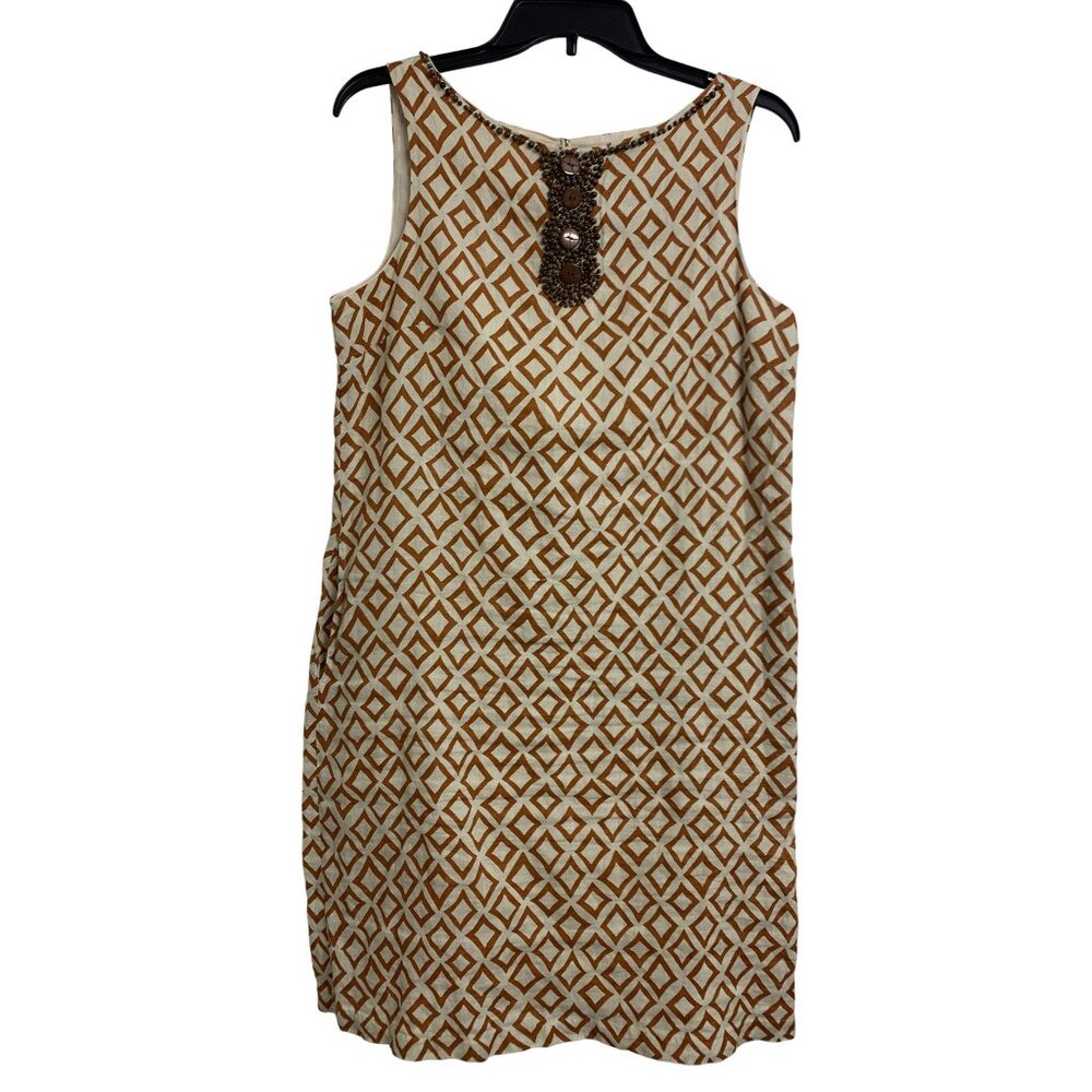 Lands End Linen Beaded Button‎ Collar Midi Dress Coastal Grandma Size 8